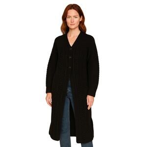 Donegal Knitters 100% Wool Black Cable Knit Made in Ireland Long Duster Sweater